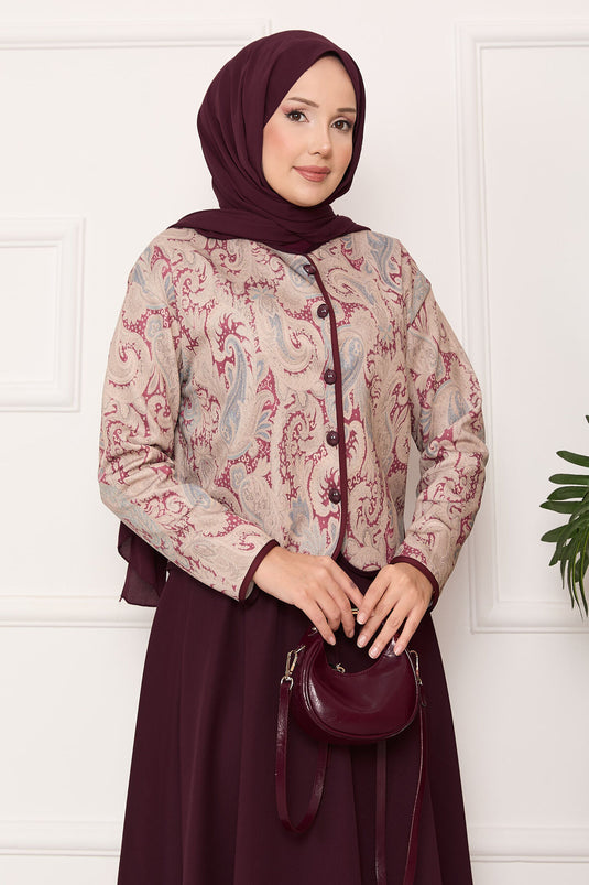 Maroon Cropped Jacket and Skirt Set