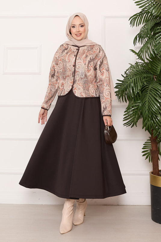 Crop-Style Jacket Skirt Set - Coffee