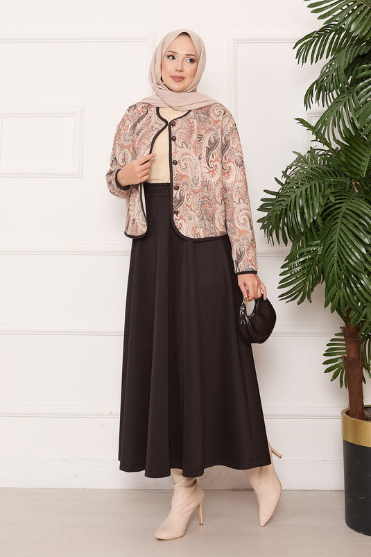 Crop-Style Jacket Skirt Set - Coffee