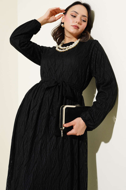 Wave Lace Belted Dress Black