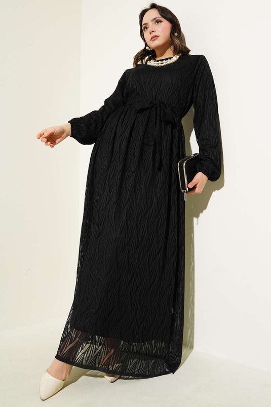 Wave Lace Belted Dress Black