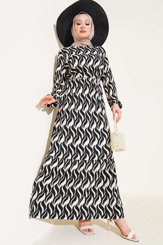Wave Pattern Elastic Waist Crepe Dress Black