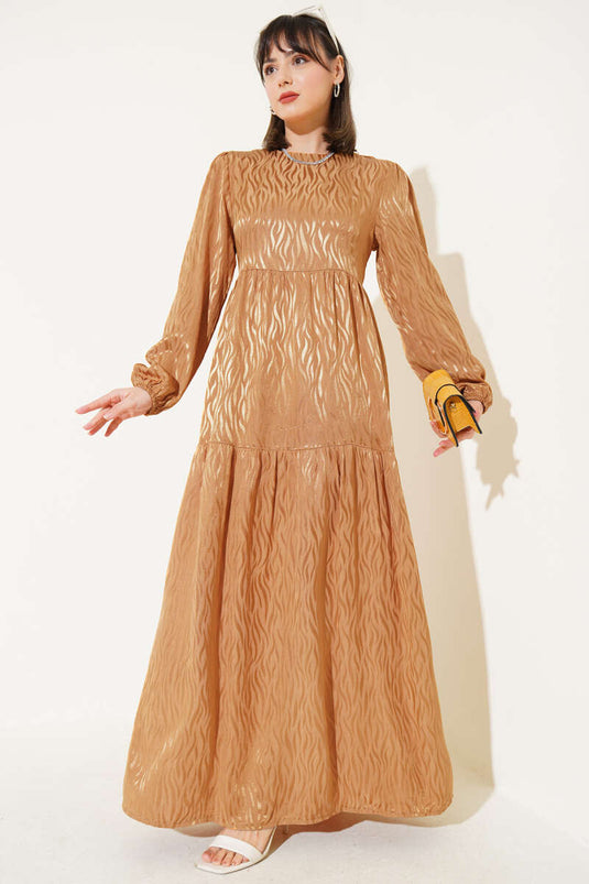 Dalga Desen Jakar Elbise Camel