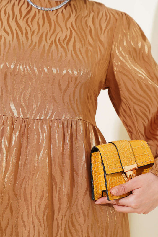 Dalga Desen Jakar Elbise Camel