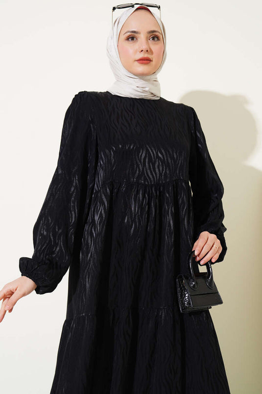 Dalga Desen Jakar Elbise Siyah