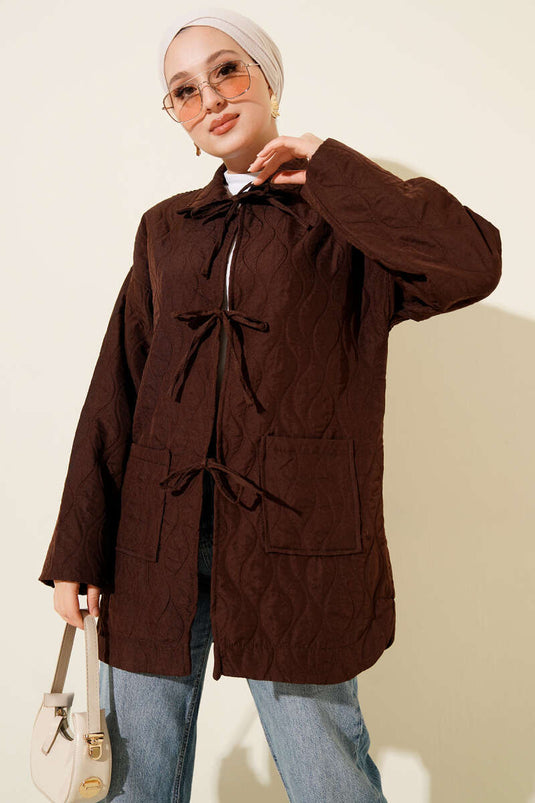 Gewatteerde jas met golfpatroon, koffiekleurig