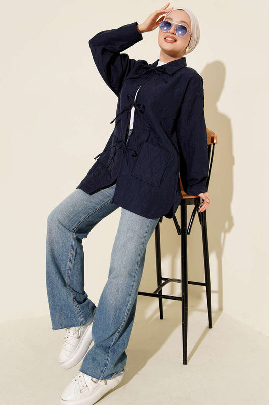 Dalga Desen Kapitone Ceket Lacivert