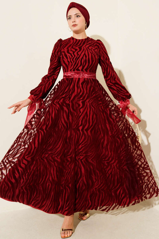 Wave Pattern Tulle Belt Evening Dress Burgundy
