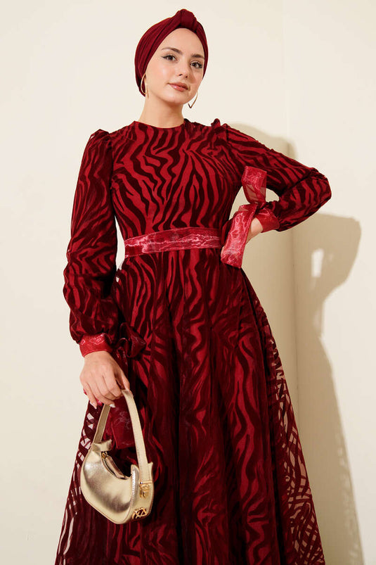 Wave Pattern Tulle Belt Evening Dress Burgundy