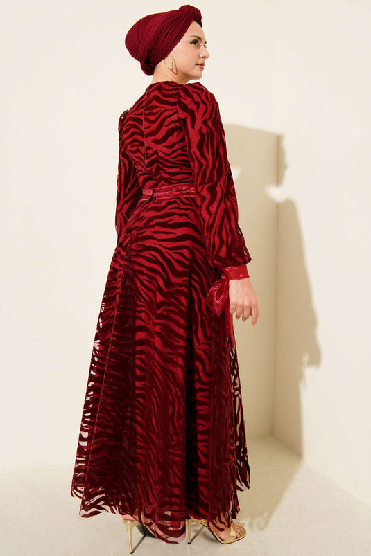 Wave Pattern Tulle Belt Evening Dress Burgundy