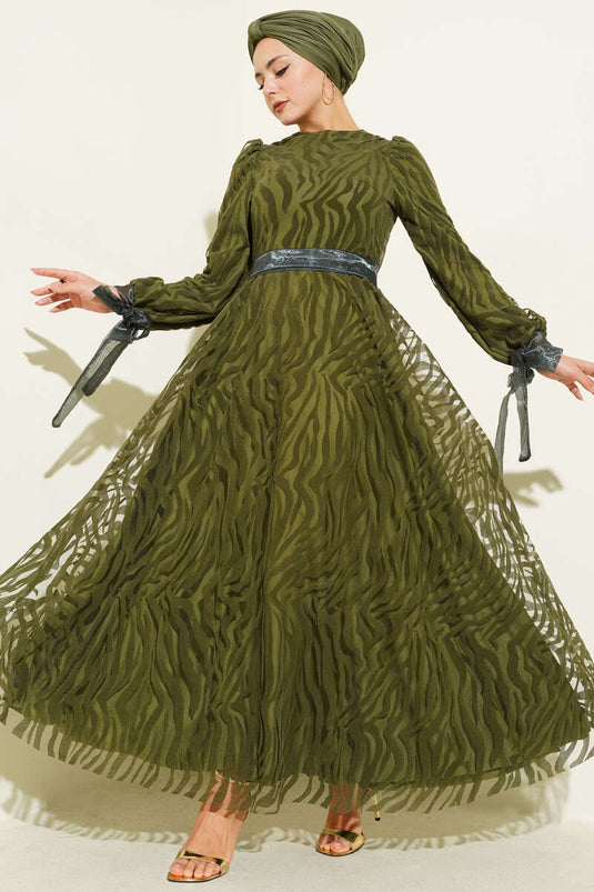 Wave Pattern Tulle Belt Evening Dress Khaki