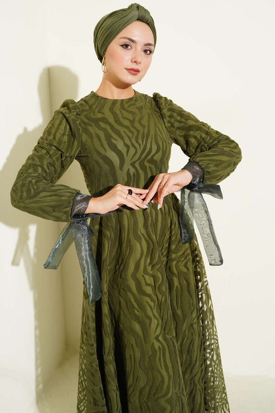 Wave Pattern Tulle Belt Evening Dress Khaki