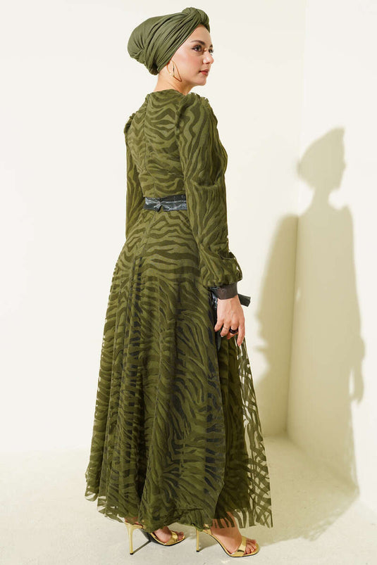 Wave Pattern Tulle Belt Evening Dress Khaki