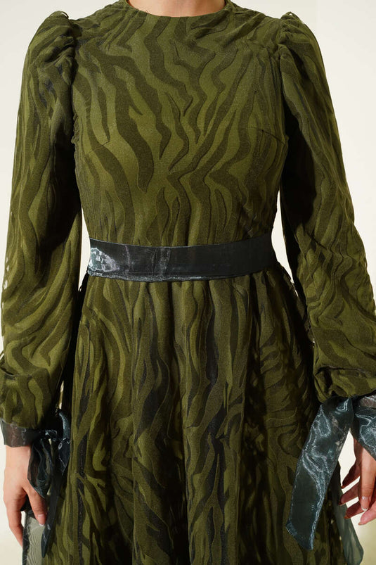 Wave Pattern Tulle Belt Evening Dress Khaki