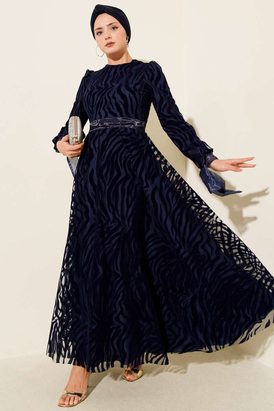 Wave Pattern Tulle Belt Evening Dress Navy Blue