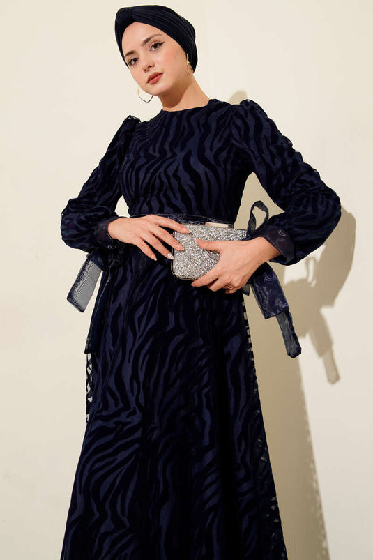 Wave Pattern Tulle Belt Evening Dress Navy Blue
