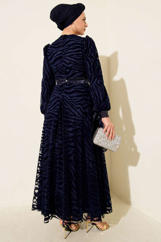 Wave Pattern Tulle Belt Evening Dress Navy Blue