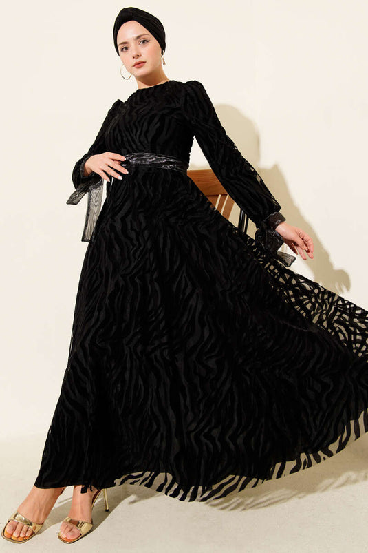 Wave Pattern Tulle Belt Evening Dress Black