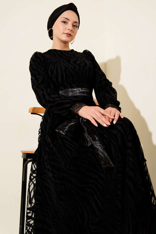 Wave Pattern Tulle Belt Evening Dress Black