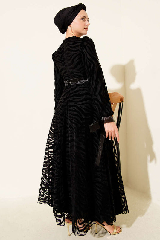 Wave Pattern Tulle Belt Evening Dress Black