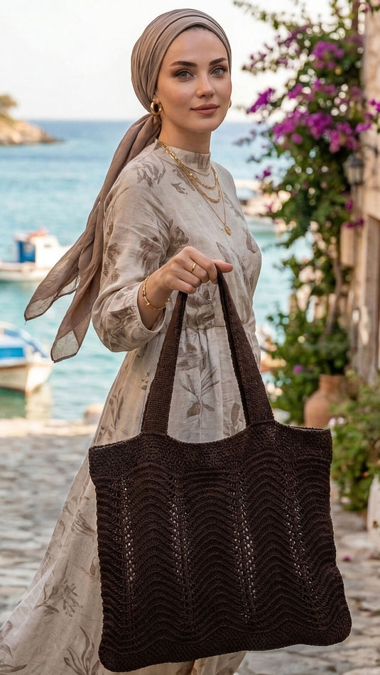 Borsa Estiva in Maglia con Motivo Ondulato Marrone