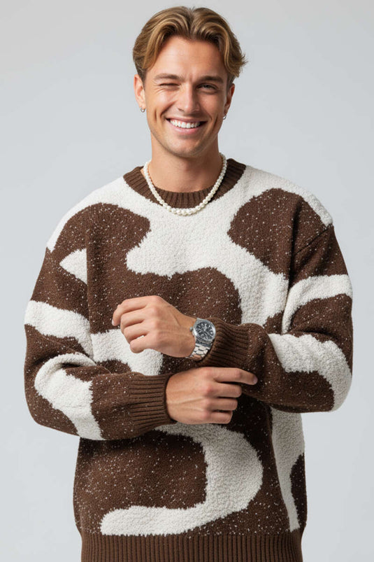Wave Pattern Knitted Men's Sweater, Brown