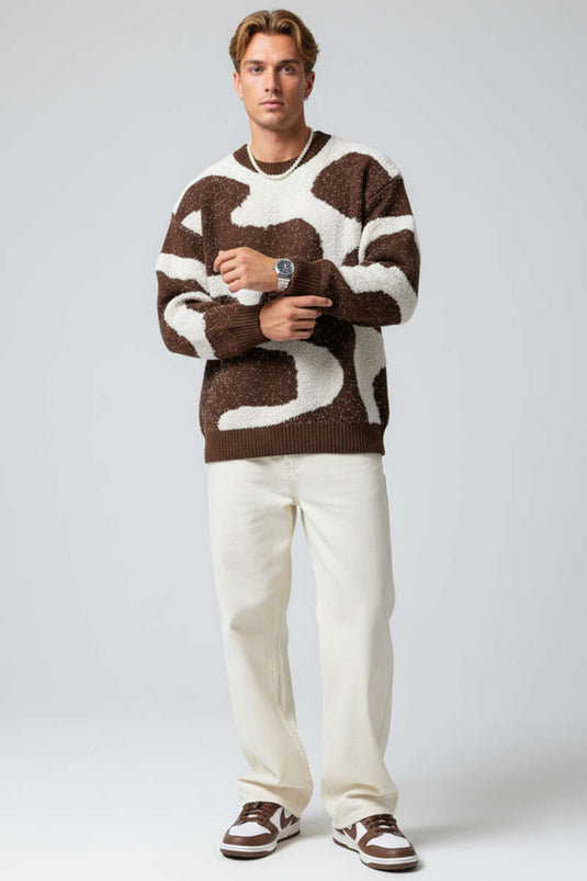 Wave Pattern Knitted Men's Sweater, Brown