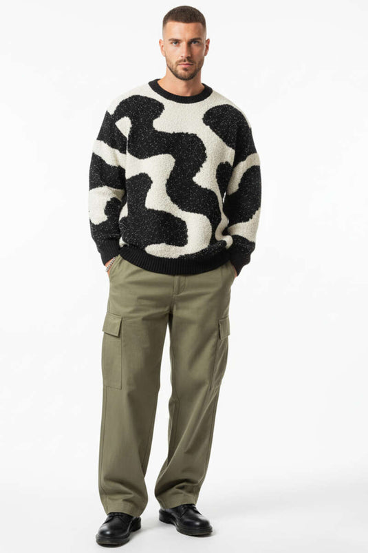 Wave Pattern Knitted Men's Sweater Black