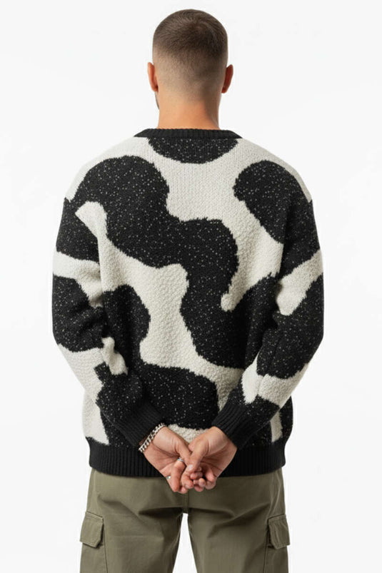 Wave Pattern Knitted Men's Sweater Black