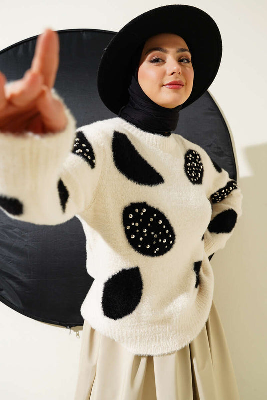 سترة لؤلؤية بنقشة دلماسية، لون فانيليا