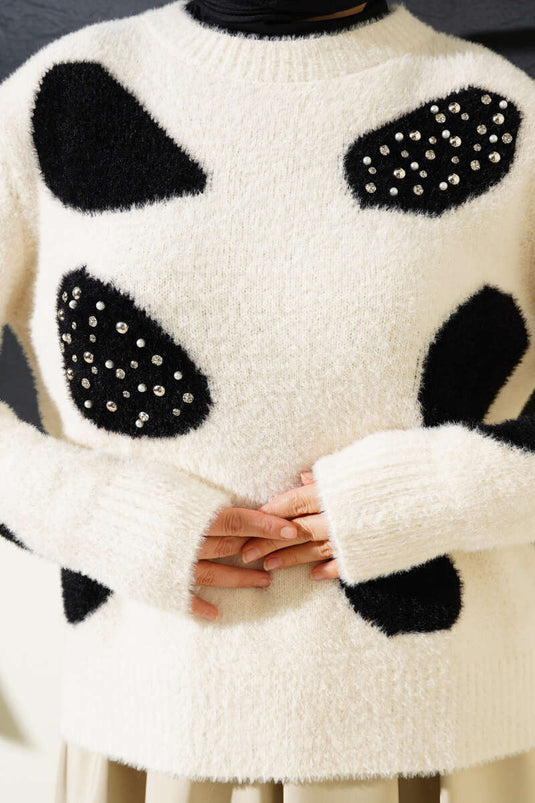 سترة لؤلؤية بنقشة دلماسية، لون فانيليا