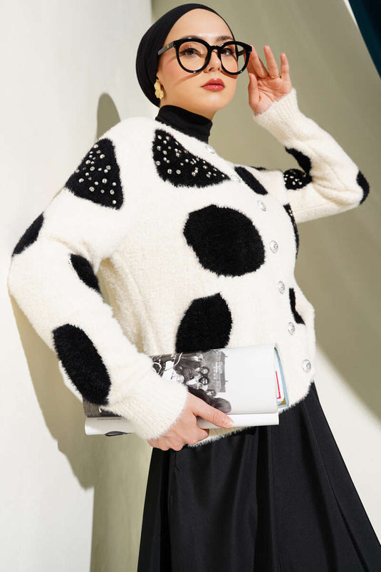 Gilet court en maille perlée à motif dalmatien crème