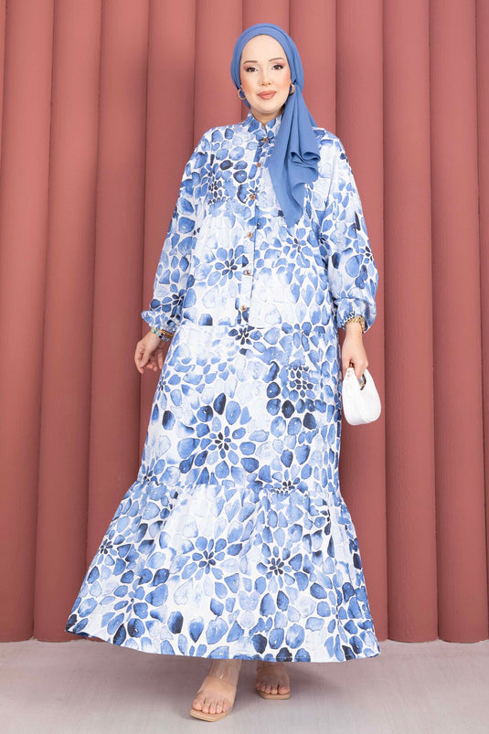 Damla Pattern Half-Button Dress Indigo