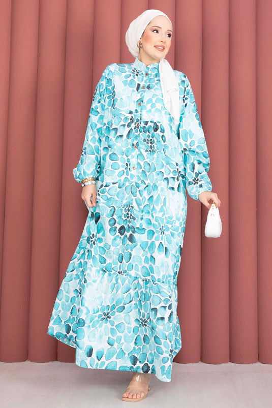 Damla Pattern Half-Button Dress Turquoise