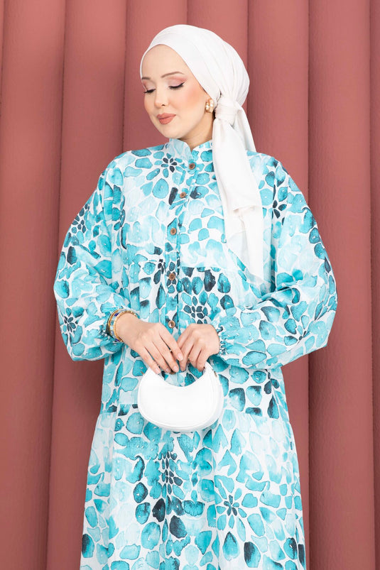 Damla Pattern Half-Button Dress Turquoise