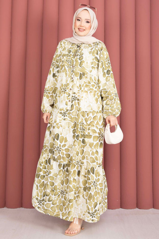 Damla Pattern Half-Button Dress Green Olive