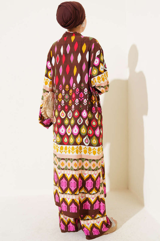 Damla Desenli Uzun Kimonolu İkili Takım Kahve