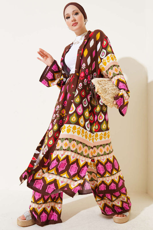 Damla Desenli Uzun Kimonolu İkili Takım Kahve