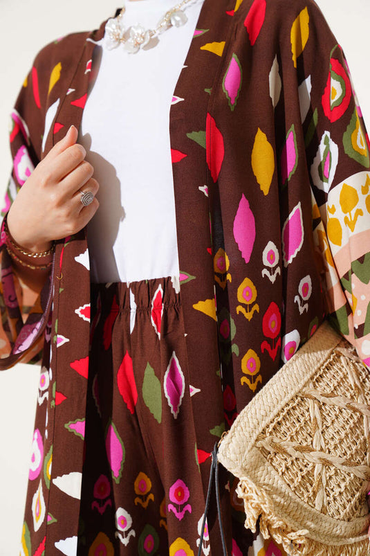 Damla Desenli Uzun Kimonolu İkili Takım Kahve