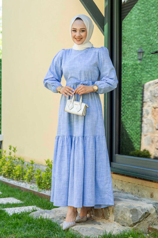 Robe Hijab en Lin à Motifs Gouttes Bleu