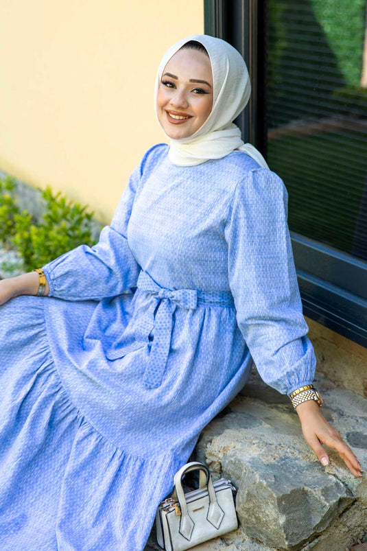 Robe Hijab en Lin à Motifs Gouttes Bleu