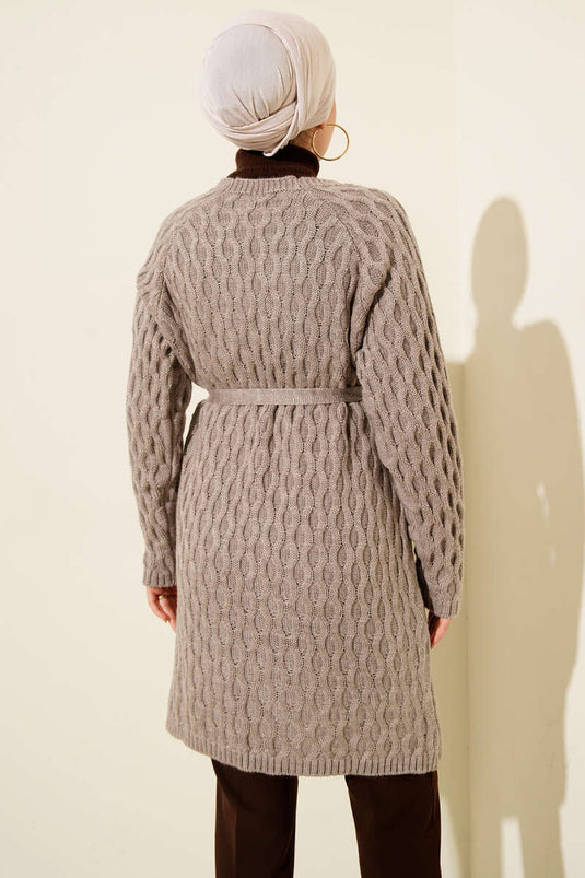 Damla Kabartmalı Triko Hırka Vizon