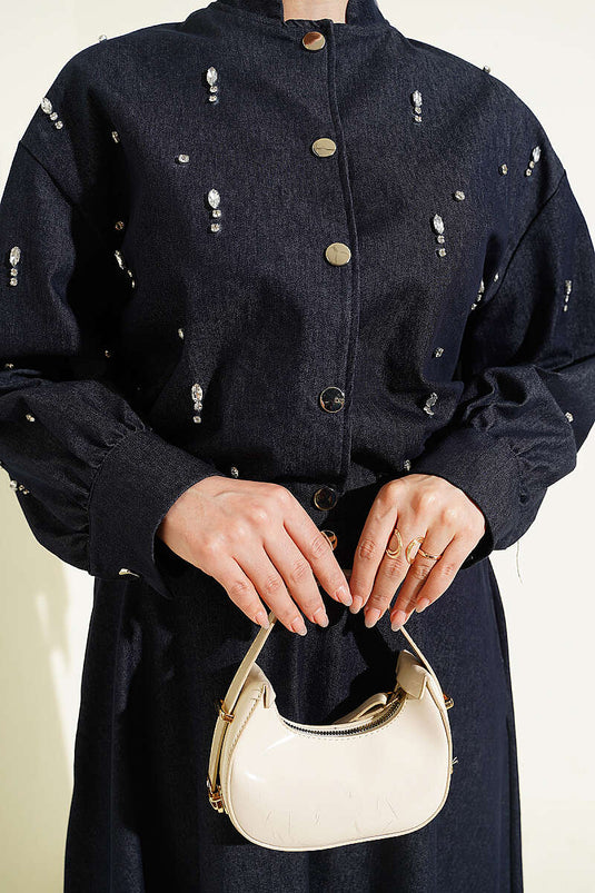 Damla Steinbesetztes Jeans-Set mit Jacke und Rock in Marineblau