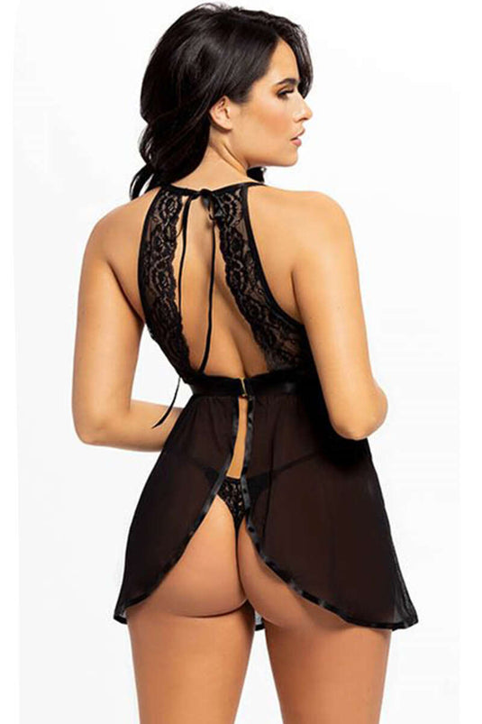 Fantasylingerie met dunne bandjes en kanten afwerking, zwart