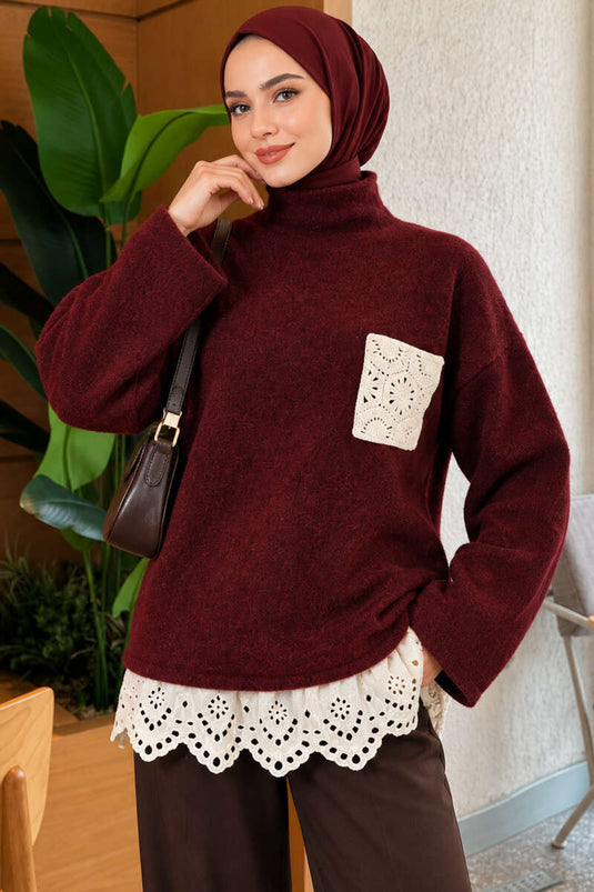 Dantel Cep Detaylı Triko Tunik Bordo