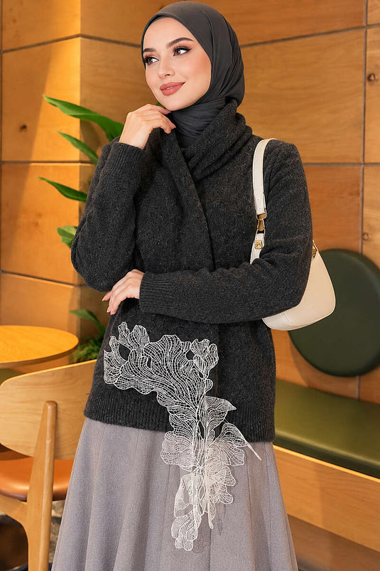 Fuzzy Knit Sweater With Lace Details In Smoke Grey
