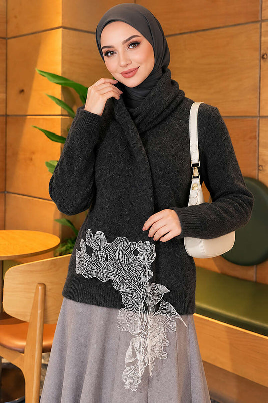 Fuzzy Knit Sweater With Lace Details In Smoke Grey