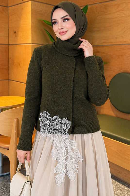 Pull En Maille Avec Dentelle Kaki
