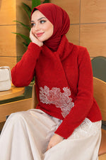 Pull En Maille Rouge À Détails En Dentelle