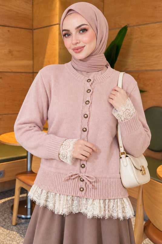 Gilet En Maille Rose À Détails En Dentelle Et À Nouer